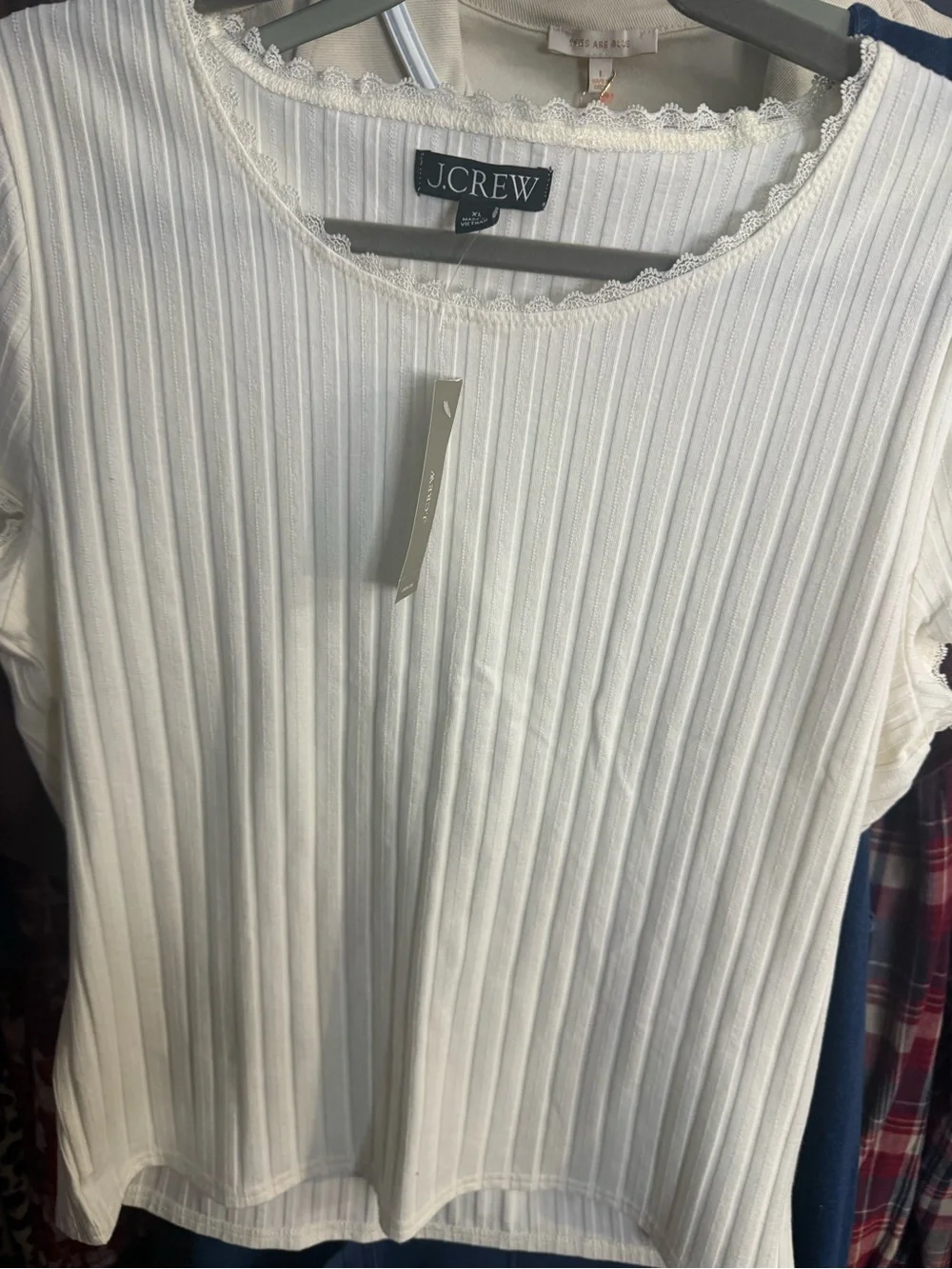 J. Crew White Ribbed Short Sleeve Top with Lace Trim